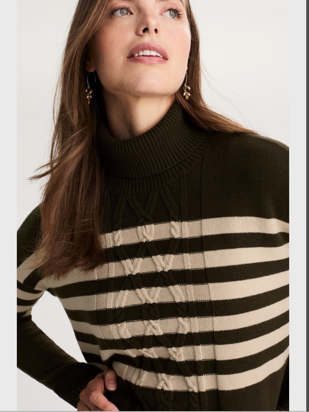 J. Jill Stripe Cable-Textured Turtleneck Sweater Cedar Green/Jute